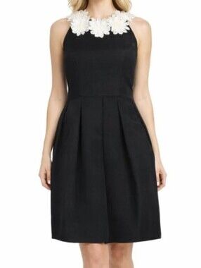 Neiman Marcus Sleevles Flower Applique Pleated Ottoman Cocktail Mini Dress Women